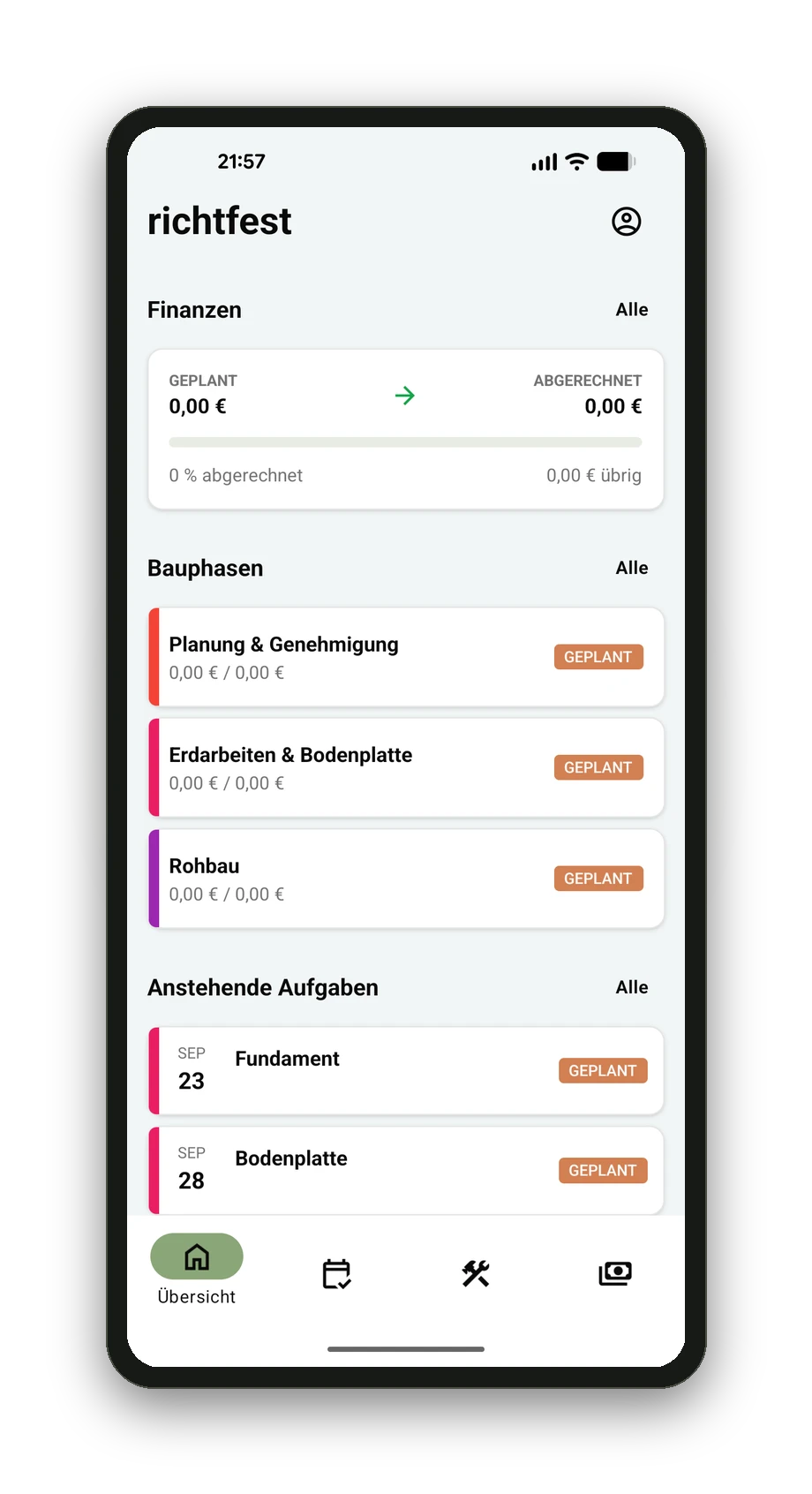 Screenshot der richtfest App: Dashboard mit Finanzen, Bauphasen und Aufgaben